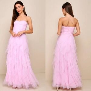 Lulu's Delightful Beauty Pink Mesh Strapless Ruched Ruffled Maxi Dress L Party
